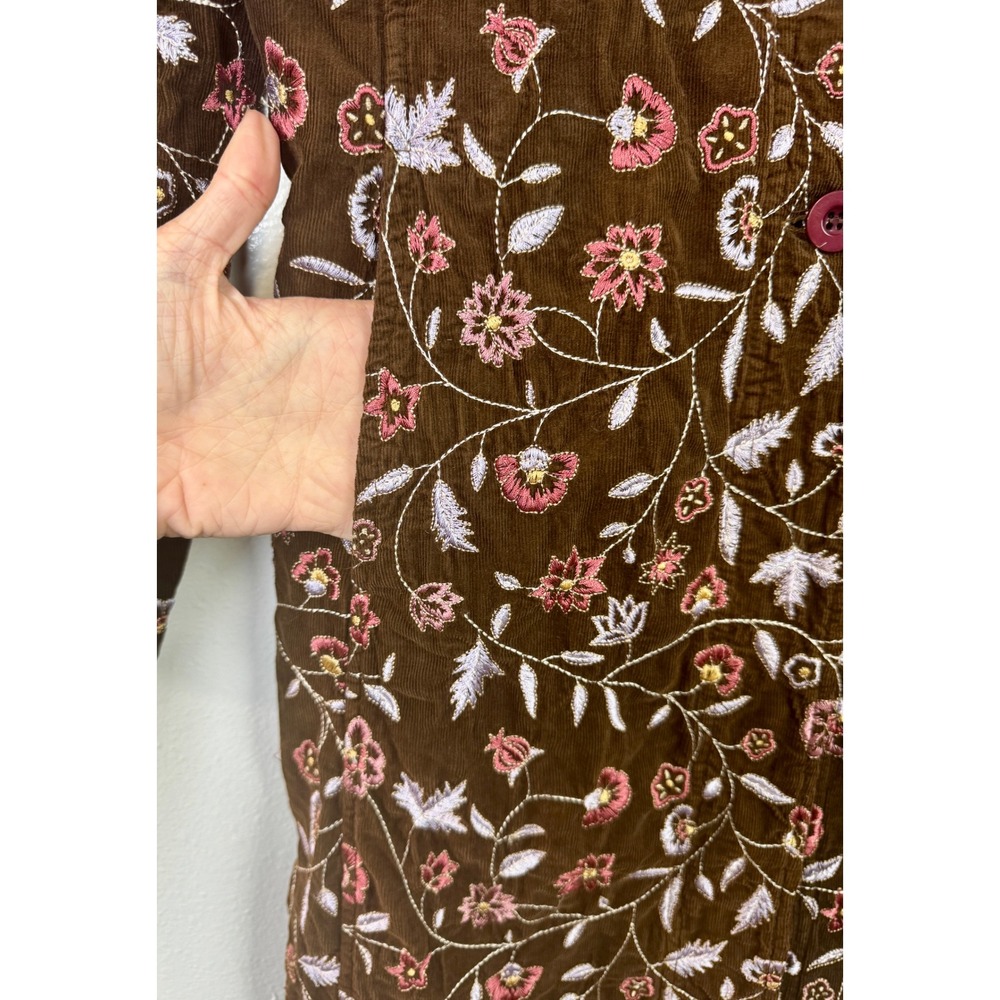 Johnny Was Embroidered Corduroy Long Coat Jacket Brown Floral Boho Whimsigoth S - Picture 5 of 10